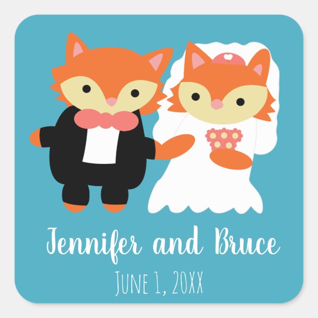 Sticker Carré Fox Mariage Cute Blue Personnaliser (Devant)