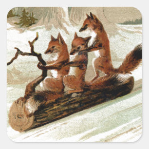 Sticker Carré Fox Sleigh Ride Vintage Print