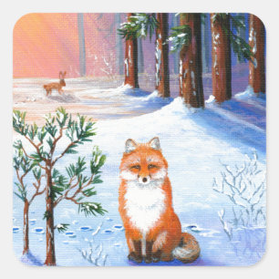 Sticker Carré Fox Winter Cartoon Creationarts