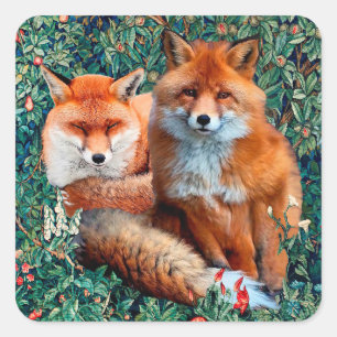 STICKER CARRÉ FOXES ROUGES PARMI LA VERDURE, LE FOLIAGE ET LES F