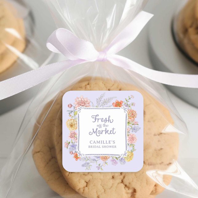 Sticker Carré Fraîche du Marché Mariage Fleurie Violet (Lilac Fresh of the market Bridal Shower square sticker)