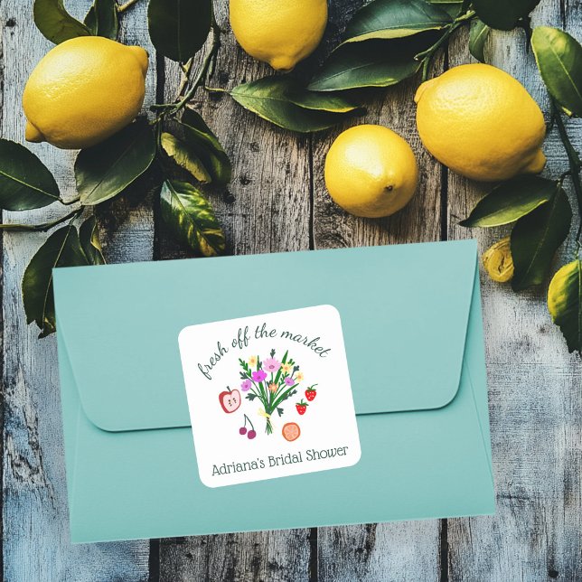 Sticker Carré FRAÎCHEMENT ARRIVÉ DU MARCHÉ Douce Fête de Mariage (FRESH OFF THE MARKET Cute Custom Bridal Shower Square Sticker
)
