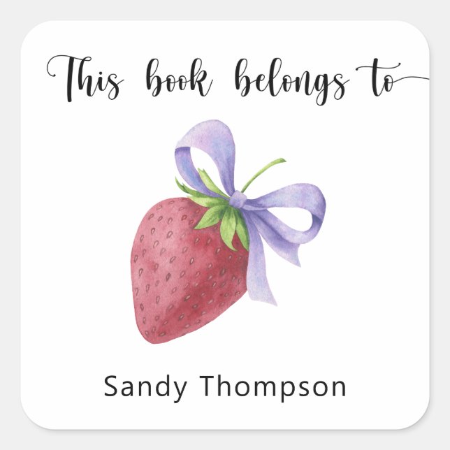 Sticker Carré Fraise avec un nœud - Ce livre appartient à (Devant)
