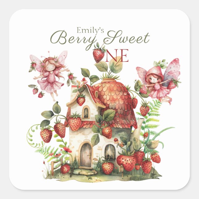 Sticker Carré Fraise Berry Sweet Girls First Birthday (Devant)