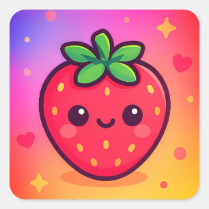 Sticker Carré Fraise Kawaii souriante sur Pastel Gradient Backg