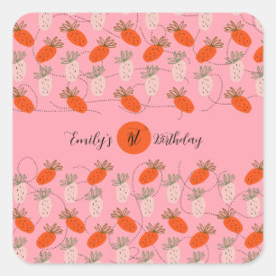 Sticker Carré Fraises blanc rose Doodle Anniversaire
