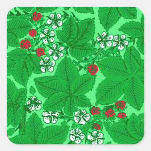 Sticker Carré Fraises et Feuilles Art Nouveau, Lime Green