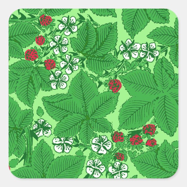 Sticker Carré Fraises et Feuilles Art Nouveau, Lime Green (Devant)