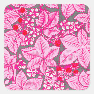Sticker Carré Fraises et Feuilles Art Nouveau, rose et gris