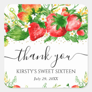 Sticker Carré Fraises et fleurs à l'aquarelle Sweet Sixteen