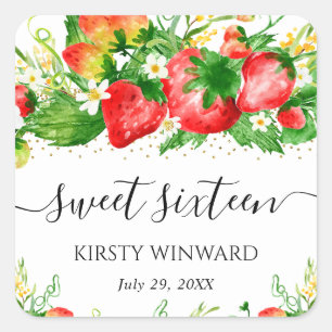 Sticker Carré Fraises et fleurs à l'aquarelle Sweet Sixteen