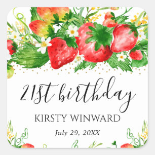 Sticker Carré Fraises et fleurs d'anniversaire à l'aquarelle