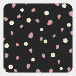 Sticker Carré Fraises et fleurs Motif noir
