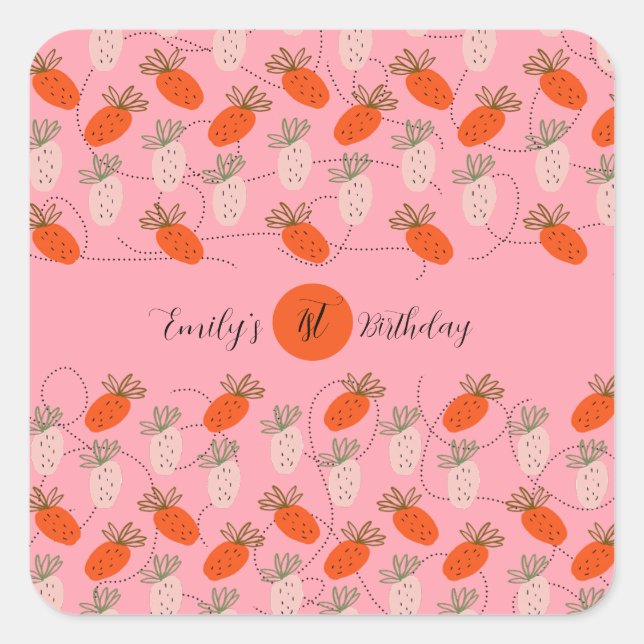Sticker Carré Fraises Rose Blanc Doodle Anniversaire    (Devant)