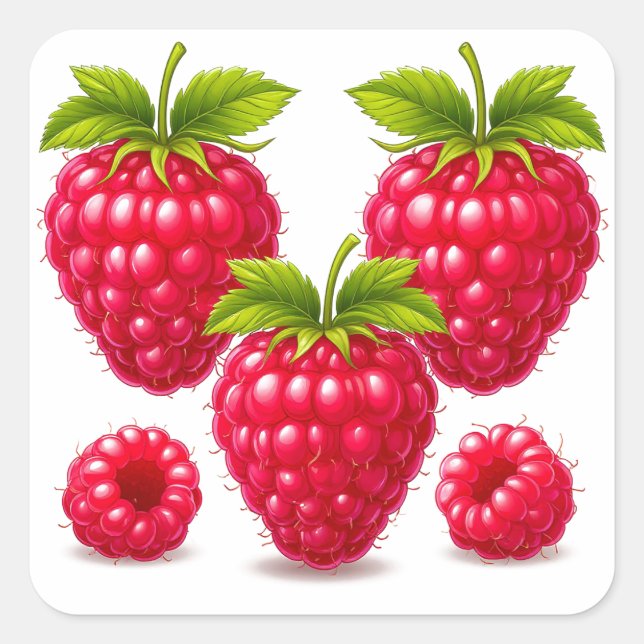Sticker Carré Framboises Mûres Fraîches avec Feuilles Vertes (Devant)