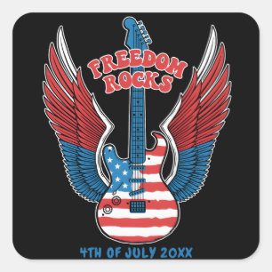 Sticker Carré Freedom Rocks Guitare avec ailes drapeau américain