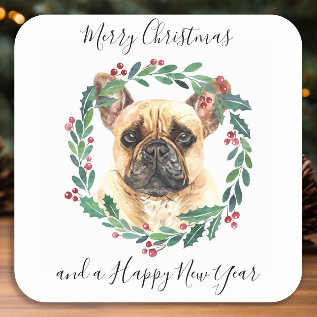 Sticker Carré French Bulldog Elegant Chien Joyeux Noël (Créateur téléchargé)