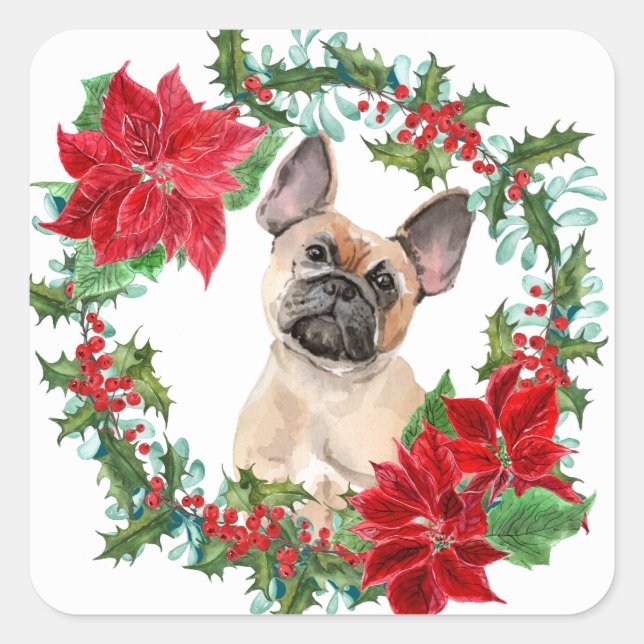 Sticker Carré French Bulldog Poinsettia Christmas Wreath (Devant)