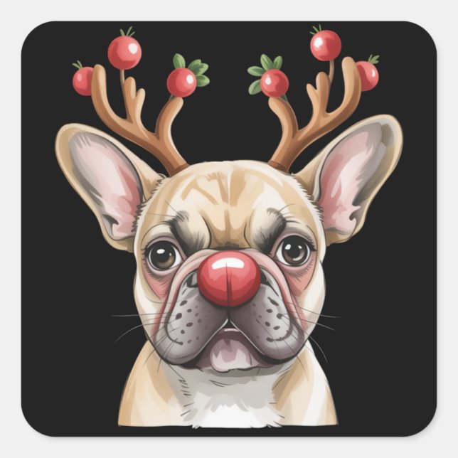 Sticker Carré French Bulldog Reindeer Dog Lover Christmas Xmas (Devant)