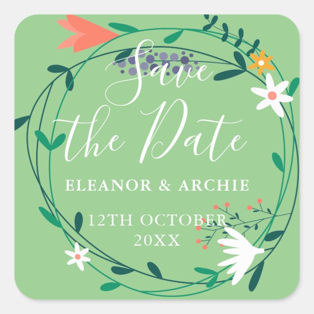 Sticker Carré Fresh Spring Floral Garland Enregistrer la date (Devant)