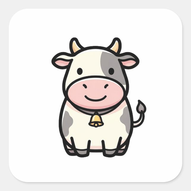 Sticker Carré Friendly Cow – Cute Kawaii Animal Illustration (Devant)