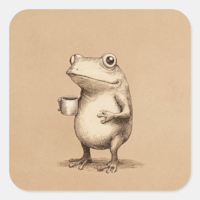 Sticker Carré Frog with Coffee – Whimsical Vintage Animal (Devant)