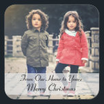 Sticker Carré From Our Home To Yours Merry Christmas<br><div class="desc">Your favorite photo and two lines of customizable text highlight these Merry Christmas photo stickers.</div>