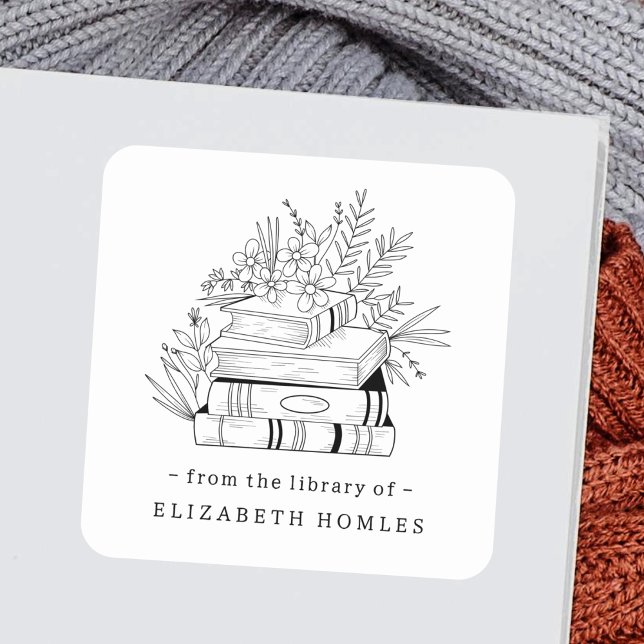 Sticker Carré From the Library of Custom Name Books and Flower (Créateur téléchargé)