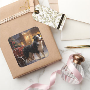 Sticker Carré Frontière Collie Festive de Noël