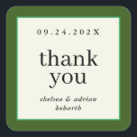 Sticker Carré Frontière verte Forêt Mariage simple Favoriser<br><div class="desc">Faites une déclaration d'élégance sous-jacente avec cette simple faveur de mariage basée sur le texte merci étiquette autocollant avec une bordure de vert forêt riche et un petit accent de vert Kelly. Utilisez l'option de personnalisation pour modifier les couleurs et les polices en fonction de votre thème mariage.</div>