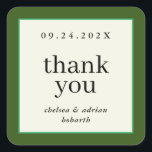 Sticker Carré Frontière verte Forêt Mariage simple Favoriser<br><div class="desc">Faites une déclaration d'élégance sous-jacente avec cette simple faveur de mariage basée sur le texte merci étiquette autocollant avec une bordure de vert forêt riche et un petit accent de vert Kelly. Utilisez l'option de personnalisation pour modifier les couleurs et les polices en fonction de votre thème mariage.</div>