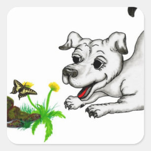 Sticker Carré Frühlingserwachen, Welpe mit Schmetterling