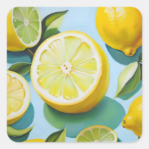 Sticker Carré Fruits de citron sur fond bleu