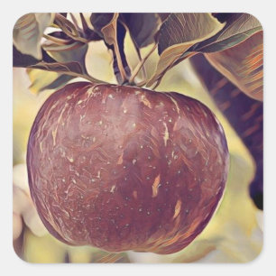 Sticker Carré Fruits de pomme rouge automne et aquarelle feuille