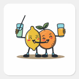 Sticker Carré Fruits Drôle Orange Et Citron Boire Jus Toget