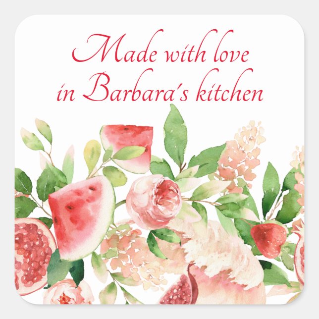Sticker Carré Fruits et fleurs d'été Aquarelle rose (Devant)