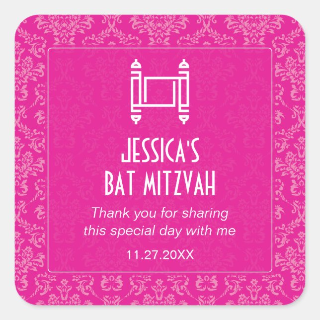 Sticker Carré Fuchsia Damask Torah Bat mitzvah (Devant)