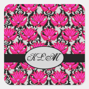 Sticker Carré Fuchsia rose noir gris parisien Damask Monogramme