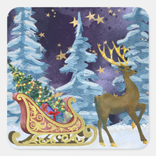Sticker Carré Full Moon over Reindeer With Sleigh