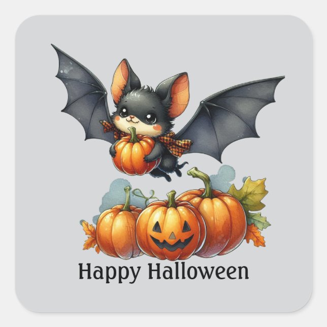 Sticker Carré Fun Bat Happy Halloween personnalisable (Devant)