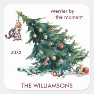 Sticker Carré Fun Christmas Tree Dangereux Photo de chat