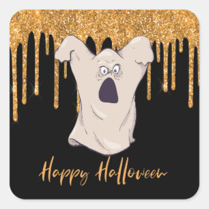 Sticker Carré Fun Ghost Orange Parties scintillant Halloween
