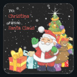 Sticker Carré Fun Kids Christmas Cadeau personnalisé<br><div class="desc">Un autocollant personnalisé pour enfant,  avec une jolie illustration de santa claus,  des cadeaux et un arbre de noël sur un arrière - plan noir et une couverture de neige pour cet effet magique. Rend l'étiquetage de tous ces cadeaux amusant et facile.</div>