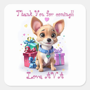 Sticker Carré Fun mignon fille Chihuahua fête d'anniversaire Fav