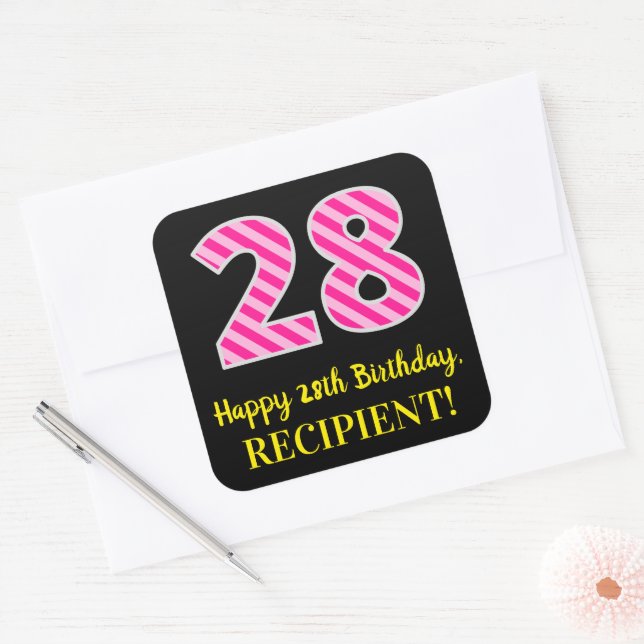Sticker Carré Fun Pink Stripes "28" : Joyeux 28ème anniversaire  (Enveloppe)