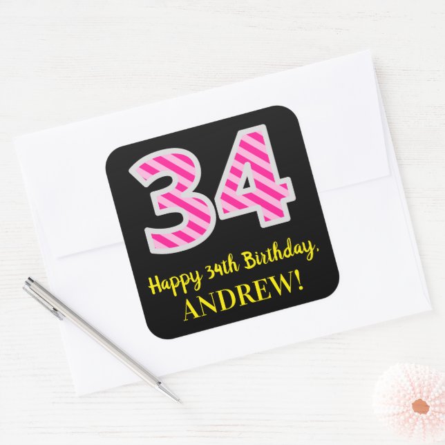 Sticker Carré Fun Pink Stripes “34”: Happy 34th Birthday + Name (Enveloppe)