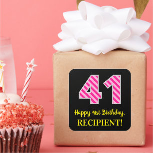 Sticker Carré Fun Pink Stripes "41" : Joyeux 41ème Anniversaire 
