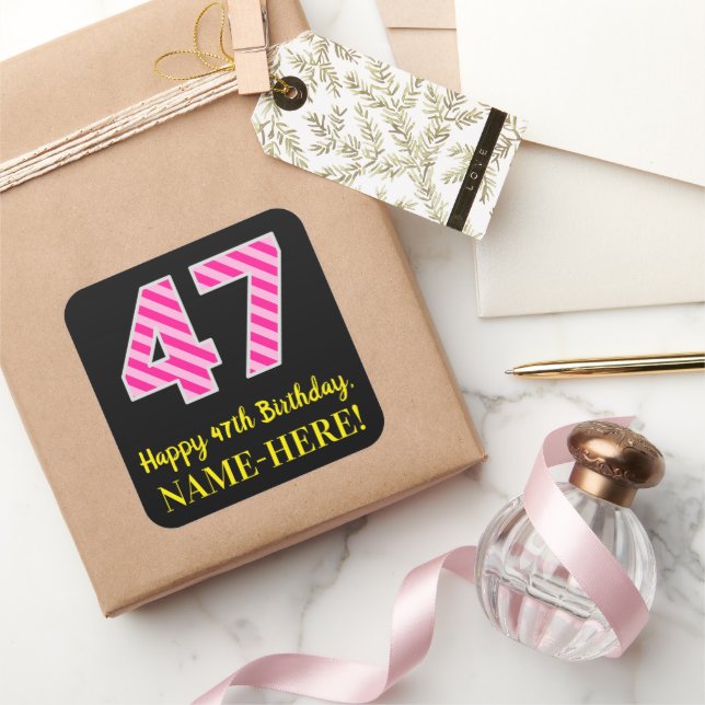 Sticker Carré Fun Pink Stripes “47”: Happy 47th Birthday + Name (Cadeaux)