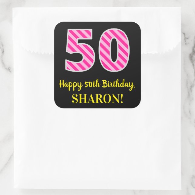 Sticker Carré Fun Pink Stripes "50" : Joyeux 50ème anniversaire  (Sac)