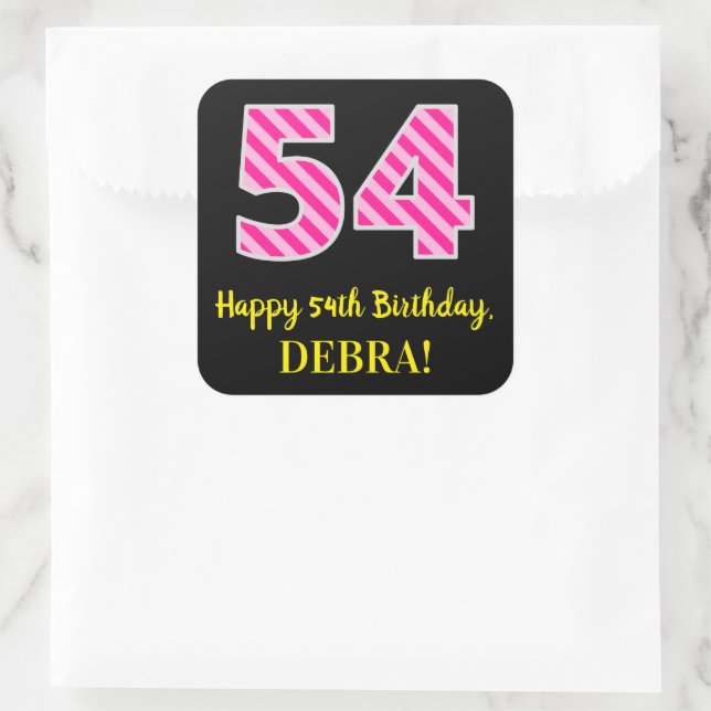 Sticker Carré Fun Pink Stripes “54”: Happy 54th Birthday + Name (Sac)